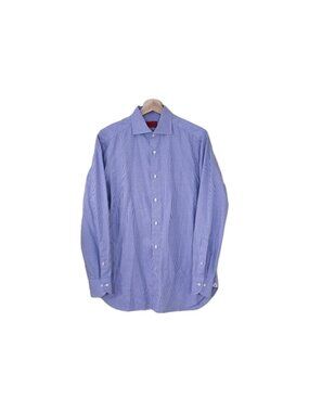 ISAIA Napoli Houndstooth Dress Shirt 15.75 40 White Blue Sartorial Office Italy